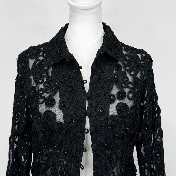Vintage 90s CACHE Black Sheer Mesh Beaded Jacket Womens L Cropped Embellished - Picture 11 of 13